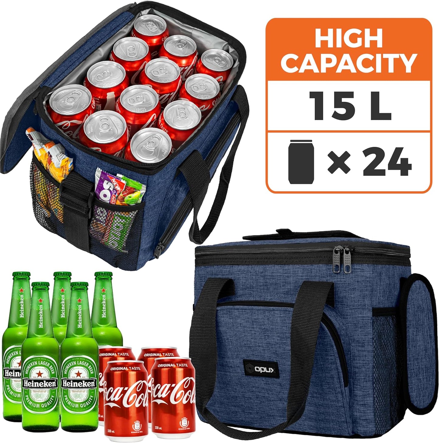 OPUX Soft Cooler Bag, Insulated Collapsible Lunch Cooler Bag for Men Work Camping Beach Travel, Portable Soft Sided Leakproof Waterproof Large Lunch Bag Box with Shoulder Strap 18 Cans, Heather Navy