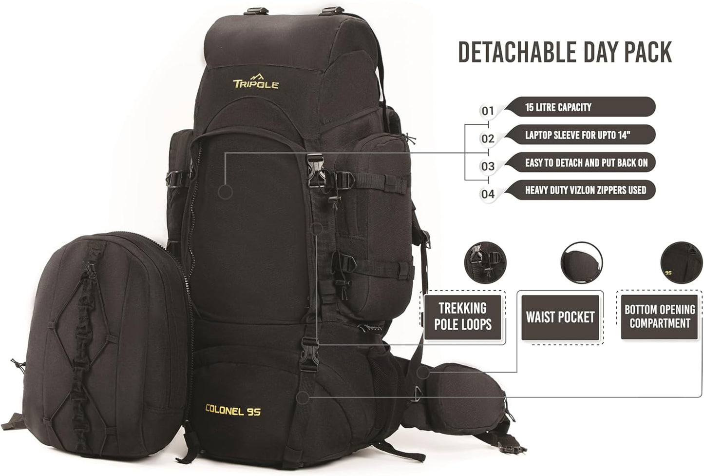 Tripole Colonel 95 Litres Internal Frame Rucksack + Detachable Day Pack, Rain Cover, Black