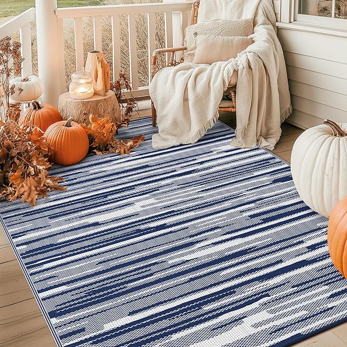 GENIMO Outdoor Rug for Patio Clearance, 8'x10' Waterproof Camping Mat, Reversible Plastic Straw Rugs for RV, Camper, Balcony, Backyard, Picnic, Deck (Blue White)