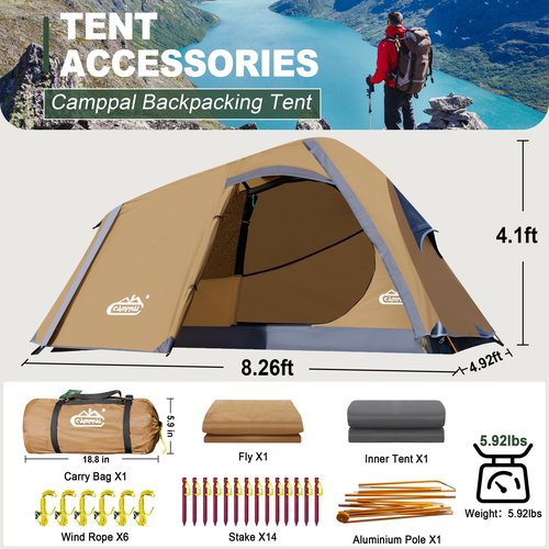 1 Person Backpacking Tent Waterproof Windproof Single Person Tent Lighweight Compact One Person Tent Easy Setup for Camping, Hiking, Mountaineering, Cycling, Biking - Khaki