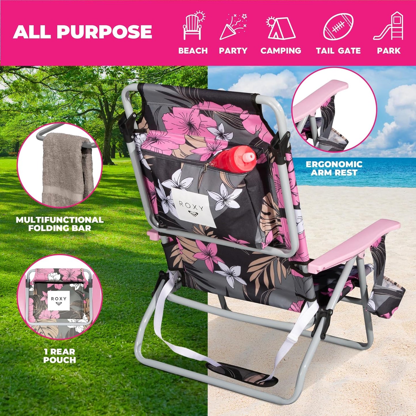 ROXY Beach Chair – Lounge Chair Outdoor, Lightweight Folding Chair with Adjustable Recline and Cup Holder – Beach Days, Pool Lounge Chairs, Folding Camping Chairs, Sun Tanning Chair or Festival