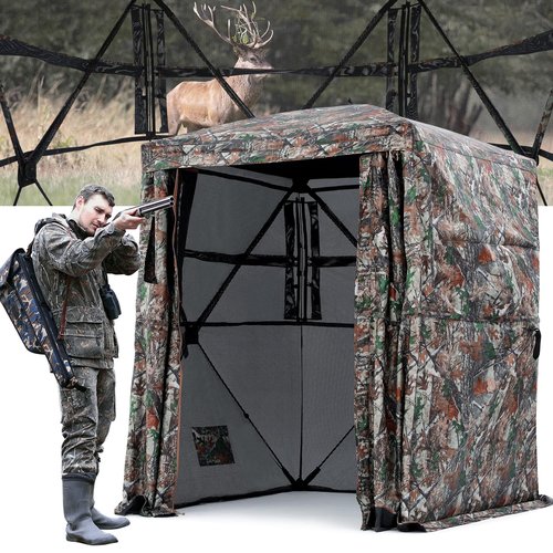 Sportneer Hunting Blind 270 Degree See Through Ground Blind with Silent Sliding Door & Windows for Deer Hunting, 2-3 Person Pop Up Ground Blind for Turkey and Deer with Carrying Bag