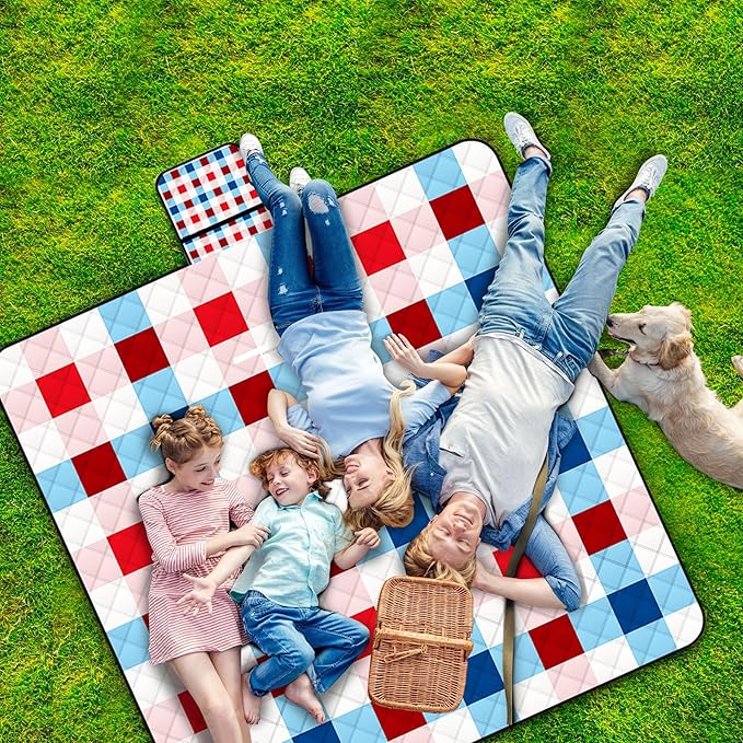 Portable Waterproof Picnic Blanket,Picnic Blankets Extra Large Outdoor 80"x80", Machine Washable, Extra Large Picnic Mat for Grass Concert, Park, Lawn,Travel,Light Blue Pink Gingham