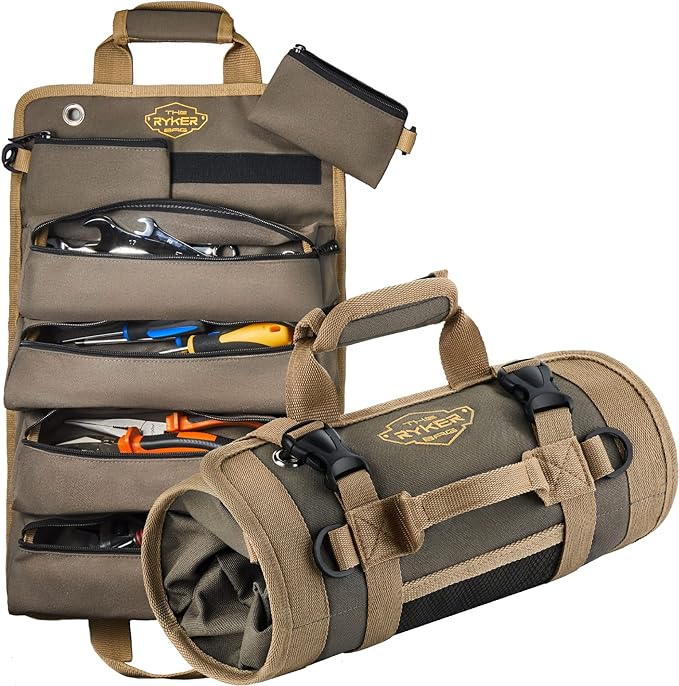 The Ryker Roll Up Tool Bag Organizer Gifts for Dad. Heavy Duty Motorcycle Tool Roll Bag Organizer. Portable Rollup Toolbag w/Detachable Pouches - Tools Bags Mens gifts for him - Mechanic & Electrician