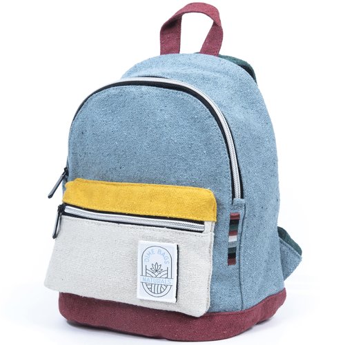 DIME BAGS Mini Hemp Backpack, Made with 100% Nepali Hemp, Travel Bag with Adjustable Padded Straps & Hidden Pocket, Eco-Friendly Daypack for Everyday Use, Unisex, Naturals Mystic (Boho Blue)