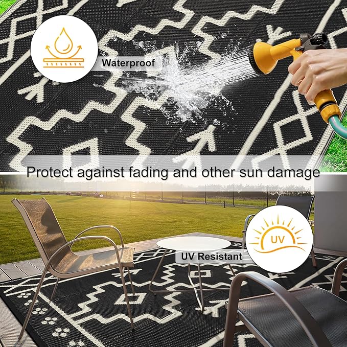 Uphome Outdoor Rug Mat Waterproof 5x8 ft, Reversible Outdoor Plastic Straw Rug, Black Boho Patio Rug, Foldable RV Camping Rug, Indoor Outdoor Area Rug for Backyard Deck Pool Balcony Picnic, 5'x8'