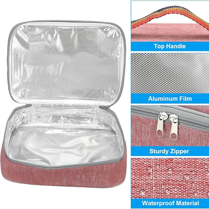 PATIKIL 9"x6"x3" Insulated Lunch Bags, Portable Food Containers Bag Flat Bento Bags Reusable Thermal Lunch Pail for Men and Women, Pink