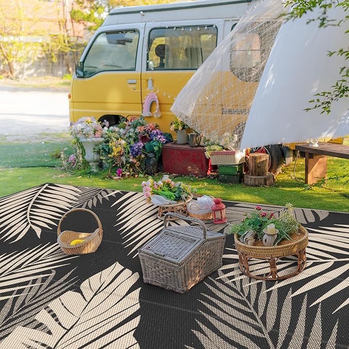 GENIMO Outdoor Rug 9' x 18' Waterproof for Patios Clearance, Reversible Outdoor Plastic Straw Camping Rug Carpet, Large Area Rugs Mats for RV, Camper, Deck, Balcony, Porch, Beach, Picnic, Black&Beige