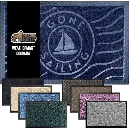 GORILLA GRIP 100% Waterproof All-Season WeatherMax Doormat, Durable Natural Rubber, Stain and Fade Resistant, Low Profile, Indoor Outdoor Door Mats, Easy Clean Patio Entrance Mat, 17x29, Blue Sailing