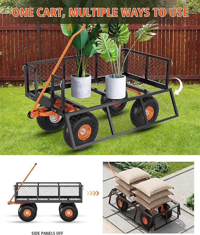Heavy Duty 500 Lbs Capacity Steel Garden Cart, 3-In-1 Utility Metal Wagon, with Removable Mesh Sides to Convert Into Flatbed, 180° Rotating Handle and 10" Tires