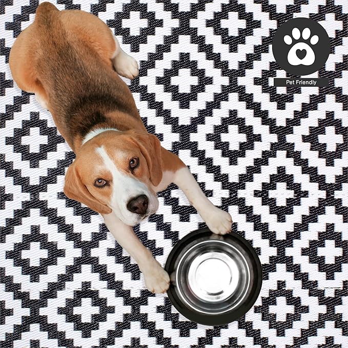 FH Home Outdoor Camping Rug - Waterproof, Fade Resistant, Reversible - Premium Recycled Plastic - Geometric - Large Patio, Deck, Sunroom, RV - Aztec - Black & White - 9 x 12 ft Foldable
