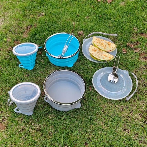 Cagelya Mess Kit for Camping Silicone Collapsible Bowl Collapsible Cup and Stainless Steel Spoon for Backpacking Outdoor Hiking Traveling and Picnic - 2 Pack