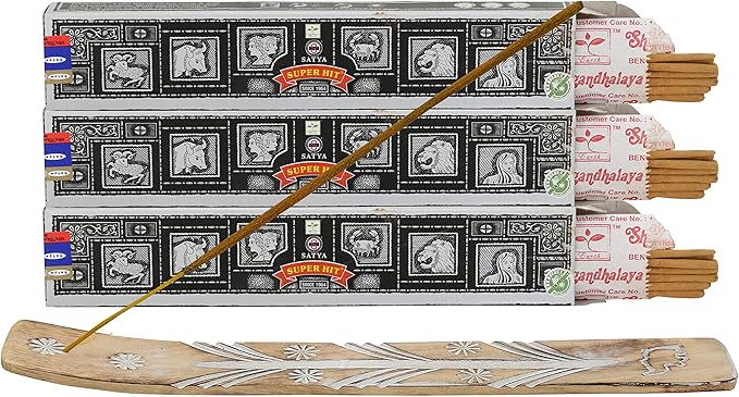 Satya Super Hit Incense Sticks, Satya sai Baba Insenses 15gmx3 (45 gm) Pack with Raajsee Incense Holder Bundle, Satya Nag Champa Natural Incense