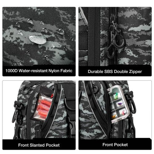 Piscifun Fishing Tackle Backpack with Rod & Gear Holder, Lightweight Outdoor Water-Resistant Fishing Shoulder Storage Bag, Black Camouflage