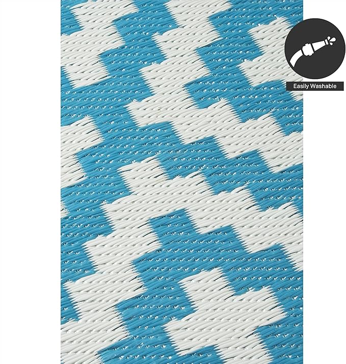 FH Home Outdoor Rug - Waterproof, Fade Resistant, Reversible - Premium Recycled Plastic - Geometric - Porch, Deck, Balcony, Mudroom, Laundry Room, Patio - Aztec - Teal & White Crease Free - 3 x 5 ft
