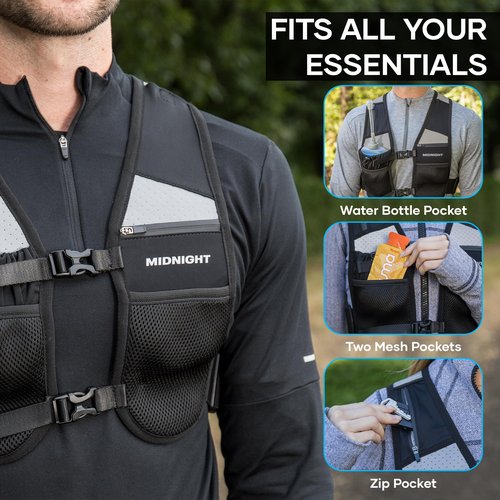 MIDNIGHT Water Resistant Running Vest - Reflective Vest for Running, 7 Pockets for Extra Storage, Lightweight Phone Holder for Men & Women