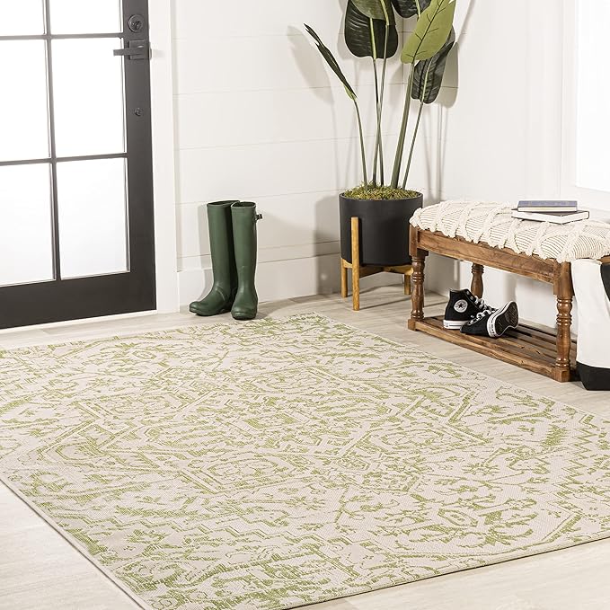 JONATHAN Y SMB105E-5 Estrella Bohemian Medallion Textured Weave Indoor Outdoor Area Rug, Coastal,Traditional,Transitional Easy Clean,Bedroom,Kitchen,Backyard,Patio, Non-Shed, Cream/Green, 5 X 8