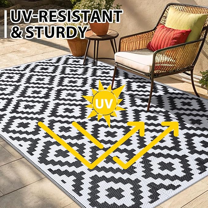 Smiry Waterproof Outdoor Rug 6x9 ft, Reversible Plastic Straw Patio Camping Rugs, Outdoor Indoor RV Mat Carpet for Patio, Outside Entry, Backyard, Deck, Bench, Picnic, Camper, Black & White
