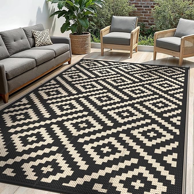 Outdoor Rug for Patio - Waterproof Plastic Straw Camping Rugs 5x8 ft, Reversible Outdoor Indoor RV Mat Carpet for Patio, Porch, Deck, Balcony, Picnic, Beach, Black Beige