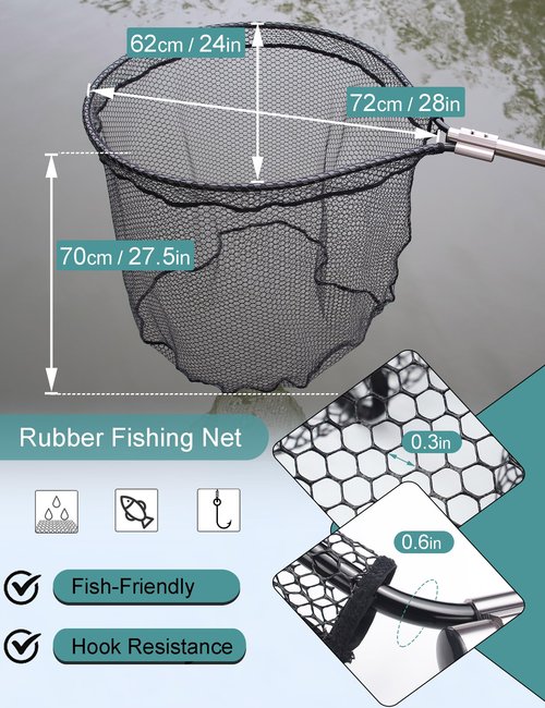 Avlcoaky Rubber Saltwater Fishing Net Large Fishing Landing Fishing Net with Telescoping Handle Kayak Fishing Nets Trout Salmon Fish Net with Bag Extend 70 to 94inch Net Depth 27.5inch