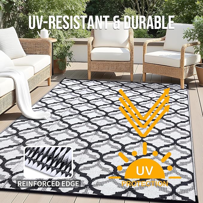 OLANLY Reversible Outdoor Rug 9x12 ft Clearance, Waterproof Outdoor Plastic Straw Rug with Interlacing Pattern, RV Mat for Patio, Camping, Balcony, Deck, Backyard, Black & White