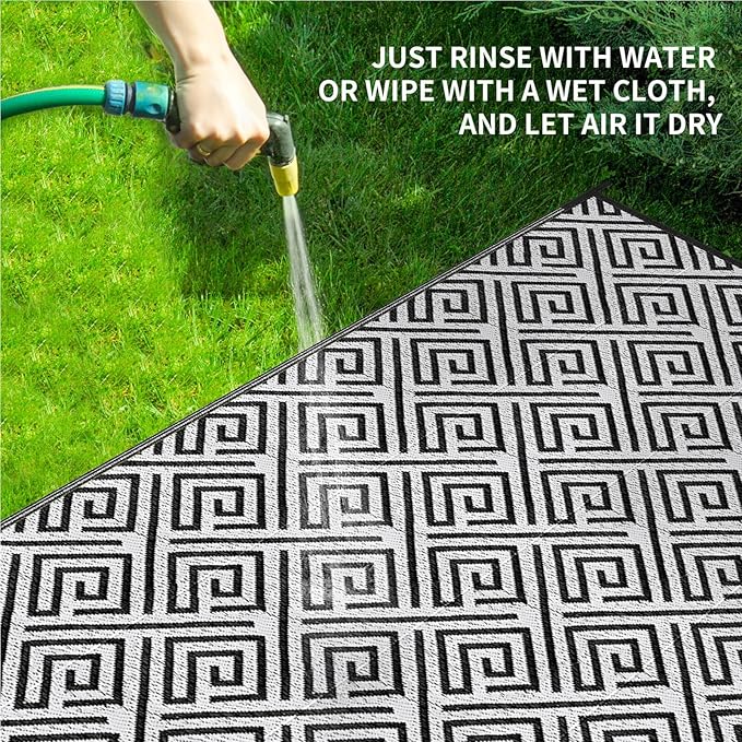 Outdoor Patio Plastic Straw Rug - 6'x9' Outdoor Camping Rug Waterproof Reversible, Area Carpet Patios Clearance RV, Outside Porch Balcony Deck for Camper, Stripe Black & White