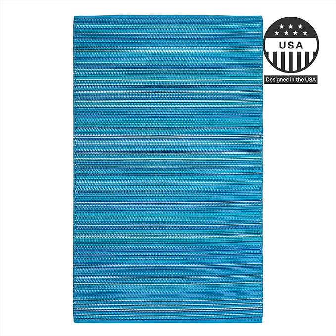 FH Home Outdoor Rug - Waterproof, Fade Resistant, Reversible - Premium Recycled Plastic - Striped - Patio, Deck, Porch, Balcony - Havana - Turquoise Crease Free - 5 x 8 ft