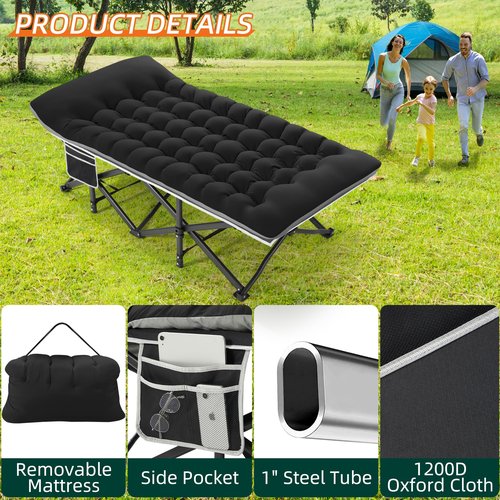 Fragess Portable Camping Cot, 32" Extra Wide Camping Cots for Adults with Thick Mattress, Heavy Duty Sleeping Cot Holds Up to 600LBS, Cots for Sleeping, Rv, Beach, Patio, Office Naps(Black)