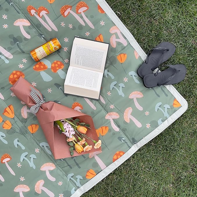 Little Unicorn 5'x10' XL Outdoor Family Picnic & Beach Blanket | Durable & Water-Resistant Fabric | Compact Fold & Easily Wipes Clean | Zipper Pocket (Woodland Mushroom)