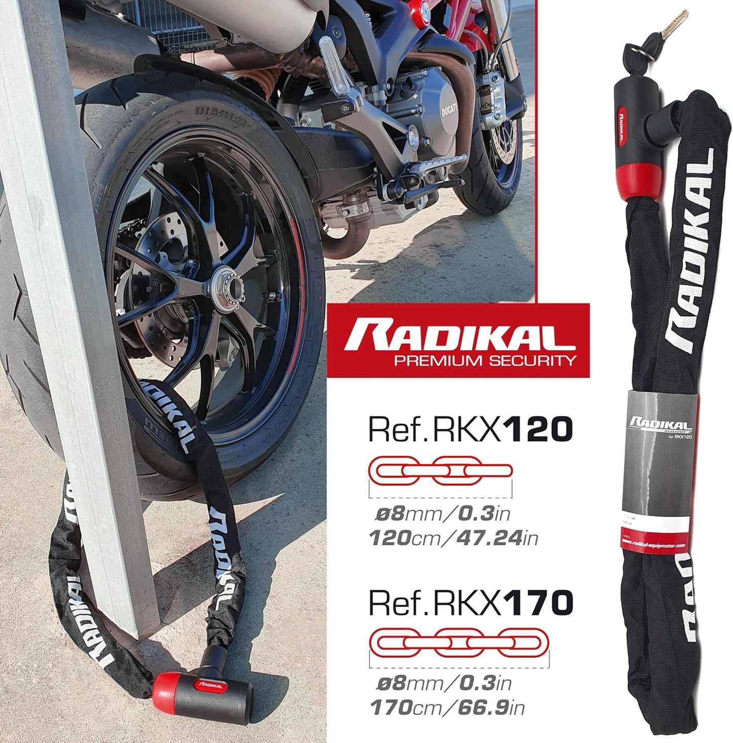 RADIKAL RKX170 Premium Bike Chain Lock, Hardened Steel ø8mm/0.31in Links with High Security Key Lock, More Extensive, Scratch-Resistant, Anti Theft for Bicycle, Scooter, Ebike, Gates, 170cm/5.5ft Long