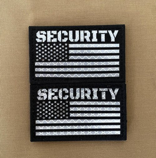 2 Pack Black White Reflective Security Patch US Flag with Hook Back for Service Harness Tactical Vest Collar Hook-Fastener Backing (SECURITY)