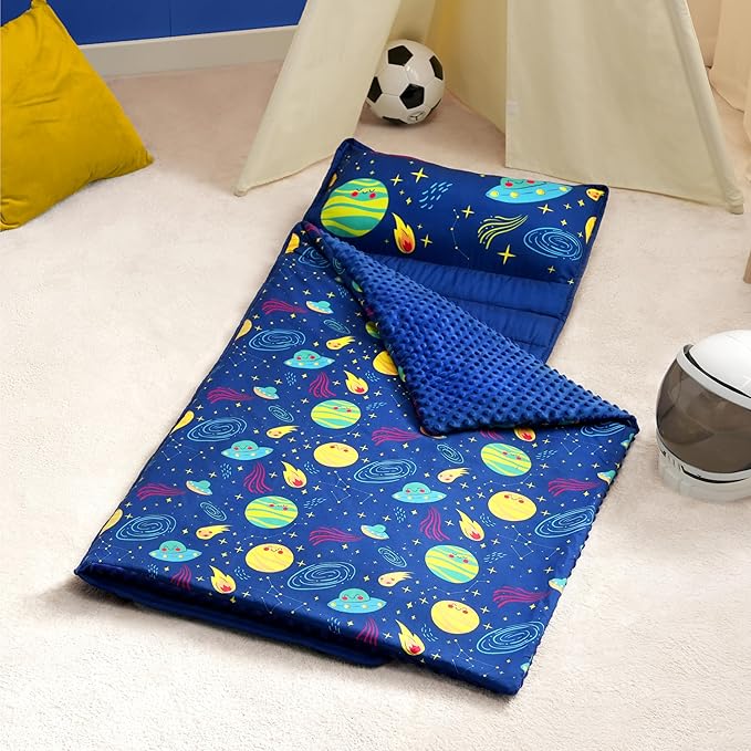 JOIEDOMI Toddler Nap Mat for Preschool 55''x30'' Sleeping Mat with Removable Pillow and Minky Blanket for Kids Ages 3-7 Roll Up Soft Kids Sleeping Bag for Boys Girls Kindergarten Daycare Sleepover