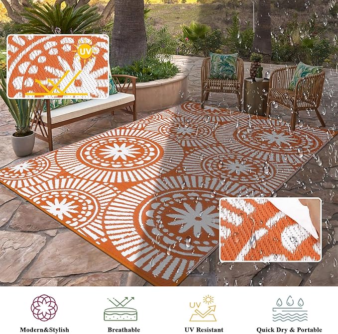 Ileading Outdoor Plastic Straw Rug 6x9ft Modern Geometric Style Reversible Patio Area Rugs Waterproof Non Shedding Portable Carpets for Rv Outside Deck Pool Beach Picnic Camping (Orange)