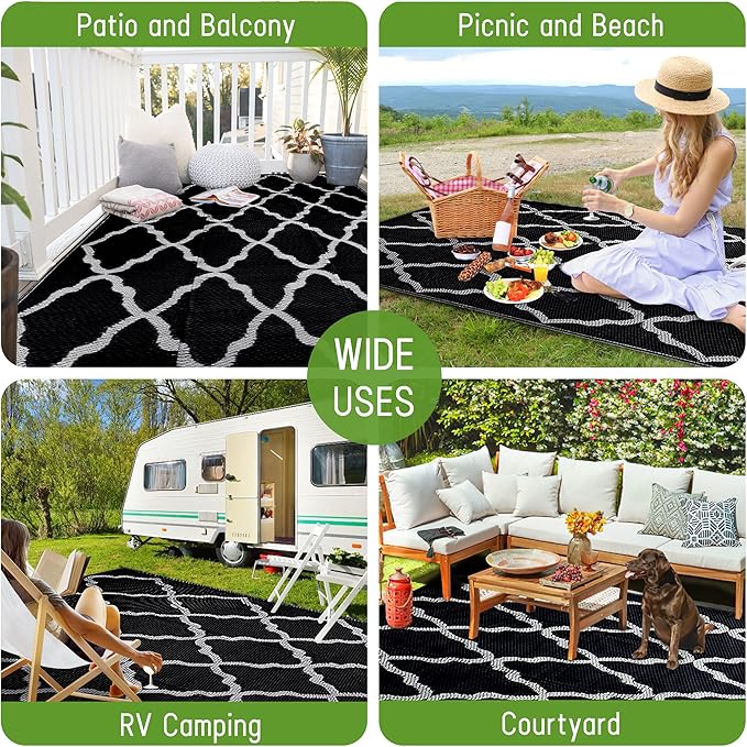 Easy-Going Reversible Outdoor Rugs 6x9ft Waterproof Plastic Straw Rug Stain & UV Resistant Floor Mat for Patio Porch RV Backyard Pool Deck Picnic Beach Trailer Camping (Moroccan Black & Light Grey)