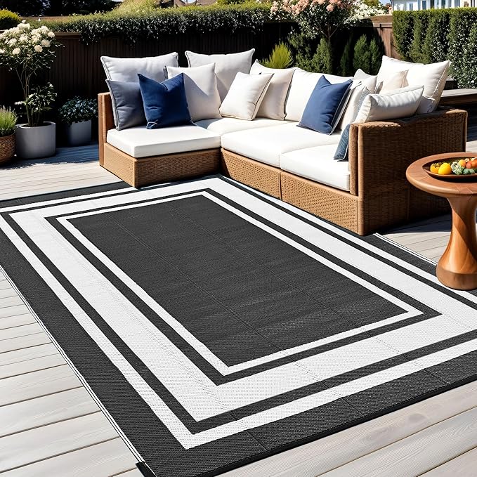 RURALITY Outdoor Rug 9x12 Waterproof for Patio Clearance,Large Plastic Straw Mat for Camping,Porch,RV,Reversible,Black and White