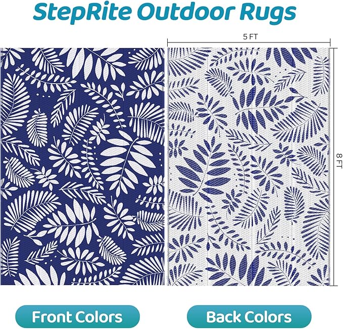 StepRite Outdoor Rug, Patio Rug, Plastic Straw Camping Rugs, Large Waterproof Area Rug and Mat for Outdoors, RV, Patio, Backyard, Deck, Porch, Beach, Balcony, (5'x 8', White & Blue)