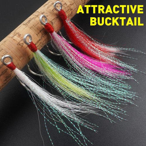 Bucktail Teaser Fishing Hooks,5pcs Saltwater Flounder Rig Stainless Steel Fishing Jig Hooks Bucktail Mylar Flash Teasers Inserted for Striper Catfish Cod Flounder Hi/Lo Rig