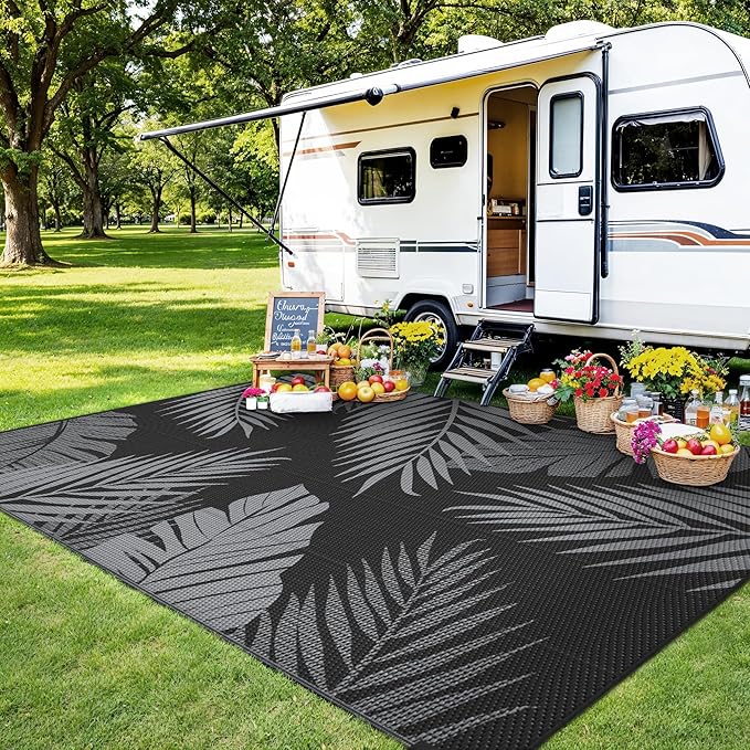 Outdoor Rug 9' x 12' for Patio Waterproof Clearance, Reversible Indoor Outdoor Plastic Straw Camping Rug Carpet, RV Mat, Large Area Rug for Deck, Backyard, Balcony, Porch, Beach, Black and Grey