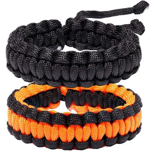 Xfoxstal 2Pcs Two-tone Paracord Bracelets Adjustable Handmade Braided Survival Bracelets for Women Camping Traveling Climbing Outdoor (Black and Orange)