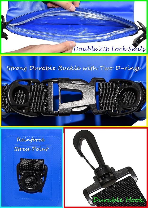 Waterproof Dry Bags Set of 3 Dry Bag with 2 Zip Lock Seals & Detachable Shoulder Strap, Waist Pouch & Phone Case - Can Be Submerged Into Water - for Swimming (Navy Blue, 5L)