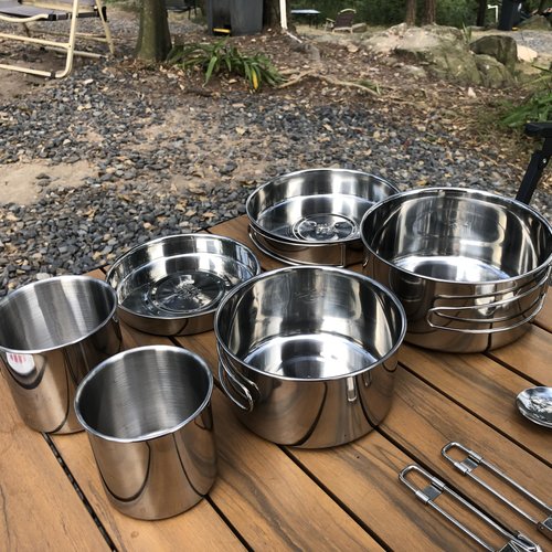 Camping Cookware Mess Kit Set 304 Stainless Steel 12-Piece Lightweight Backpacking Cooking Set Outdoor Cook Gear for Family Hiking, Picnic(Pot, Frying Pan, Bowl, Plate, Spoon, Fork)