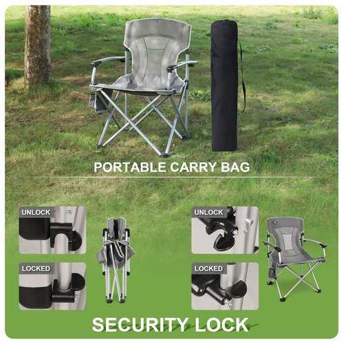 LANMOUNTAIN Lightweight Folding Hard Arm Camping Chair,Mesh Back,Heavy Duty,Padded Backpack Camp Chair w/Cup Holder,Cooler Bag for Adults Garden Parties,Grey