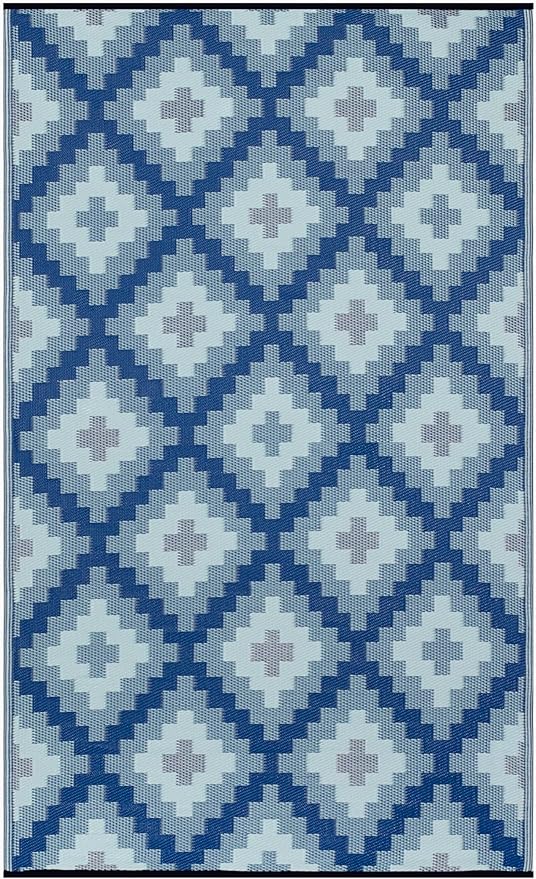 FH Home Outdoor Rug - Waterproof, Fade Resistant, Reversible - Premium Recycled Plastic - Geometric - Patio, Deck, Porch, Balcony, Laundry Room - Aztec Kilim - Blue Multi Crease Free - 4 x 6 ft
