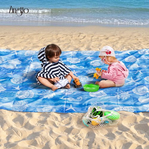 Zingtto Silky Soft 108"x84" Sand Proof Beach Blanket Sand Proof Mat with Corner Pockets and Fashion Mesh Bag for Beach Party, Travel, Camping and Outdoor Music Festival, Ombre Blue Marine