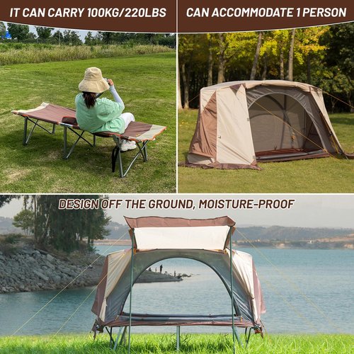 Tent Camping Cot, Easy-to-Assemble Folding Cot Supports Campers up200lbs Pop-Up Portable Fishing Tent with Carry Bag for Fishing
