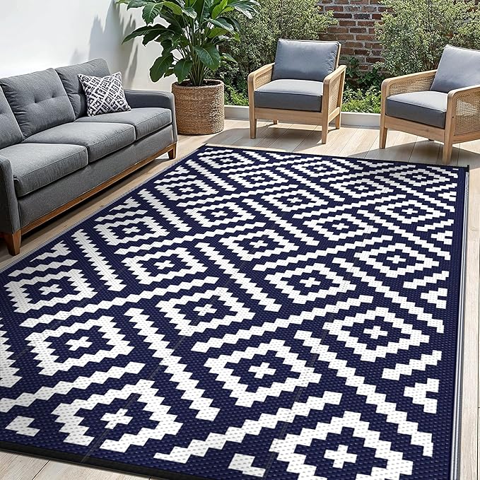 Outdoor Rug for Patio - Waterproof Plastic Straw Camping Rugs 9x12 ft, Reversible Outdoor Indoor RV Mat Carpet for Patio, Porch, Deck, Balcony, Picnic, Beach, Blue White