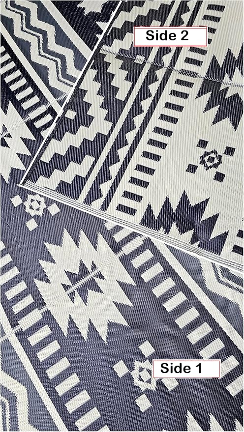 BalajeesUSA Outdoor Rugs–9x18 Plastic Patio Decor Grey Dark Blue, Durable and Affordable Recycled Straw Picnic All-Weather and Waterproof Reversible Camper Awning mats 7582