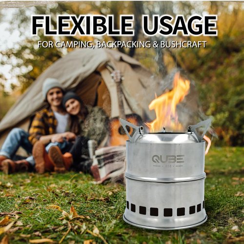 QUBE BBQ Portable Camping Stove with 3 Fire Starters – Stainless Steel Wood Burning Mini Camp Stove, Foldable with Carry Bag, for Backpacking, Hiking, Traveling, Emergency, Outdoor BBQ, and Picnic