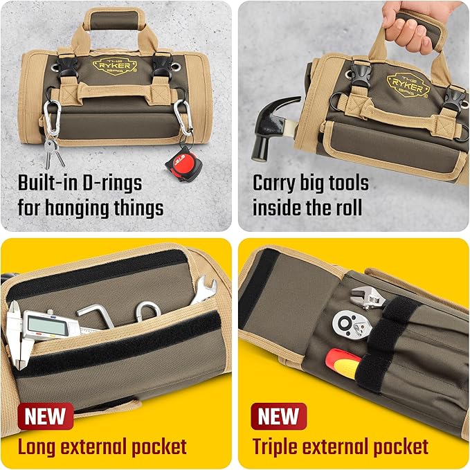 The Ryker Roll Up Tool Bag Organizer Gifts for him Heavy Duty Motorcycle Tool Roll Bag Organizer Portable Rollup Toolbag w/Accessible Pouches - Mens gifts for Dad, Mechanic & Electrician (AP-TR)