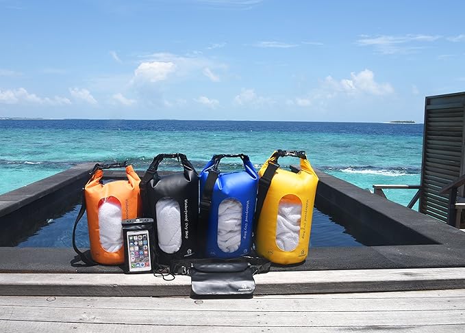 Waterproof Dry Bags Set Of 3 Dry Bag With 2 Zip Lock Seals & Detachable Shoulder Strap, Waist Pouch & Phone Case - Can Be Submerged Into Water - For Swimming (Navy Blue(Window), 10L)